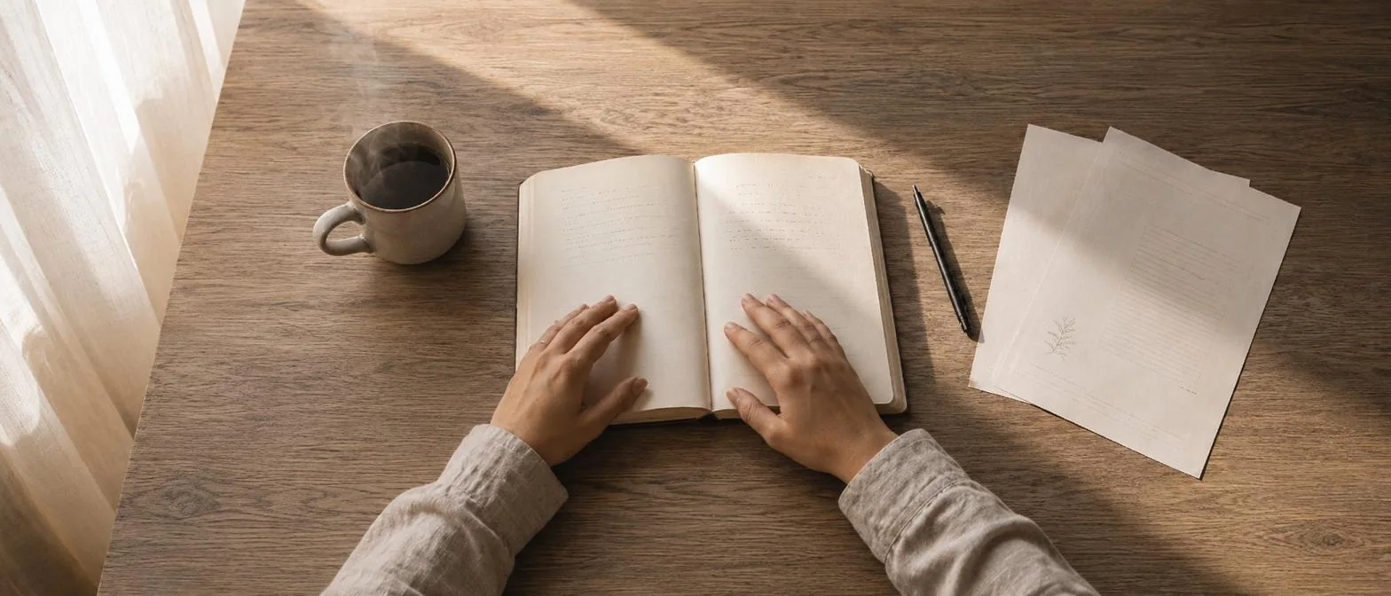 Overhead view of a parent's hands resting on an open notebook on a warm wooden table at dawn, with a steaming ceramic mug and printed pages beside them.