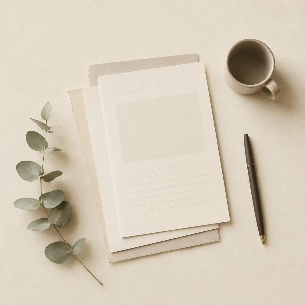 Top-down view of printed Sleep Shift worksheets fanned out on a cream surface beside a ceramic mug and a sprig of eucalyptus.