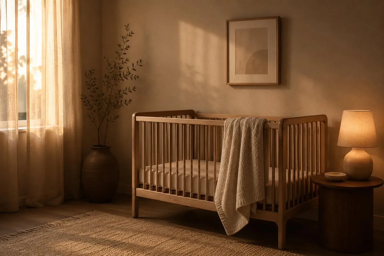 A calm nursery at the soft warm hour before dawn — a wooden crib, a draped blanket, and a small lamp glowing on the side table.