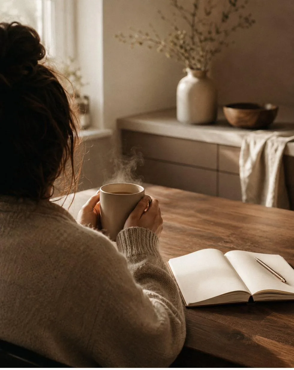 A parent in a soft oatmeal sweater cradles a warm mug at a wooden table at dawn, an open notebook beside them, face turned out of frame.