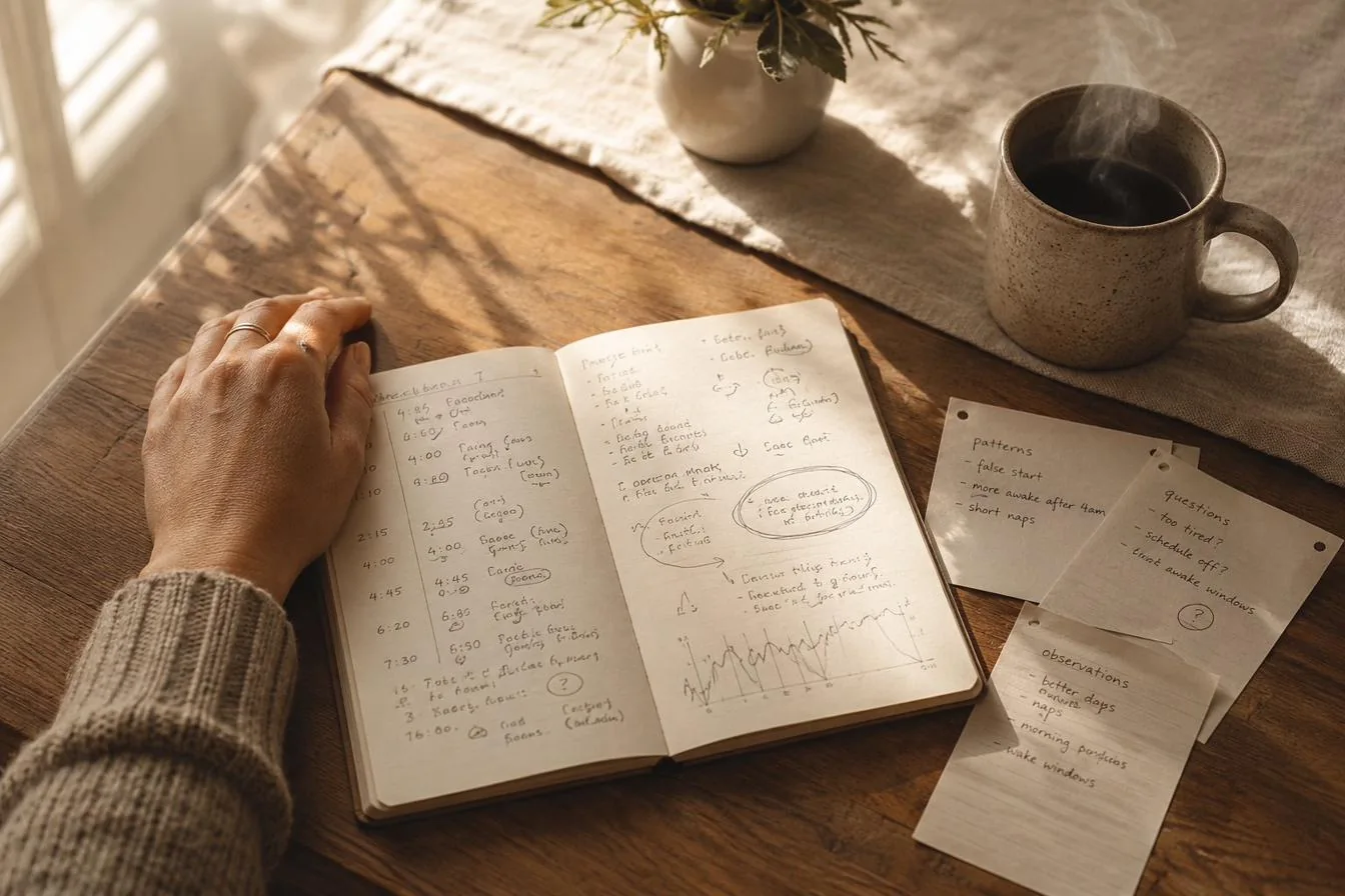 Overhead view of a parent's hand resting on an open notebook filled with handwritten sleep tracking notes — times, question marks, arrows — beside a steaming ceramic mug and loose pages on a warm wooden table at dawn.