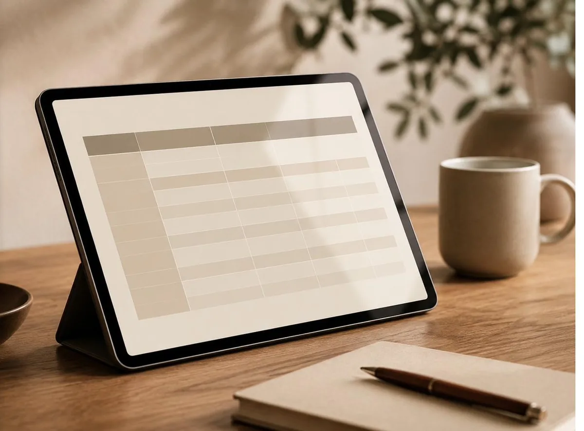 Sleep Shift tracker shown on a tablet on a warm wooden desk, with a notebook and a ceramic mug.