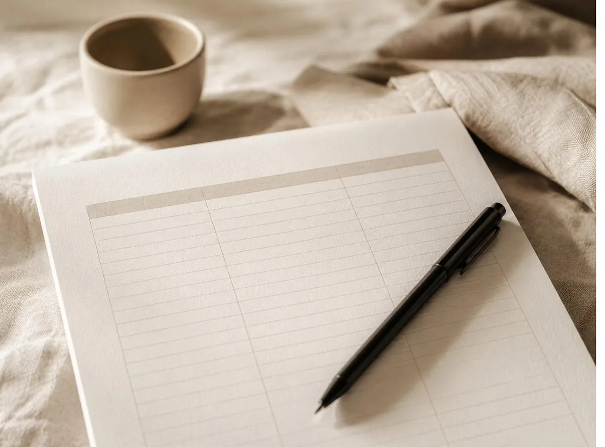 A printed Sleep Shift worksheet on linen, with a slim pen and a ceramic cup of tea — a clean baseline log ready to fill in.